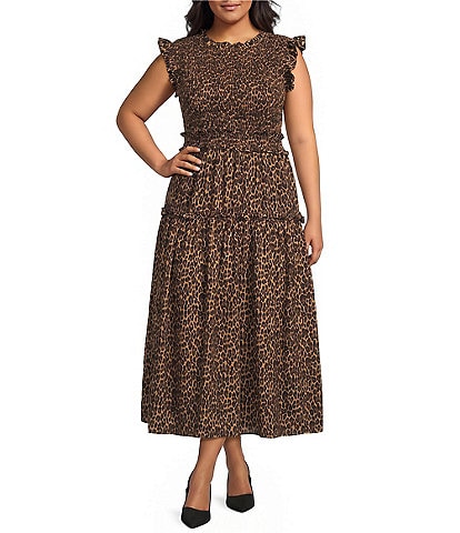 Perch by Blu Pepper Plus Size Leopard Printed Smocked Round Neck Sleeveless Tiered Midi Dress