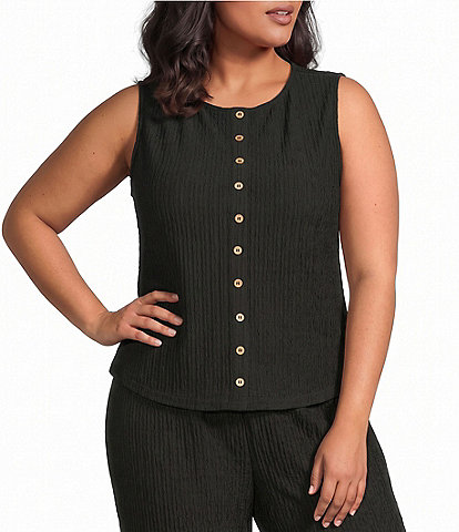 Perch by Blu Pepper Plus Size Textured Round Neck Sleeveless Mock Button Knit Top