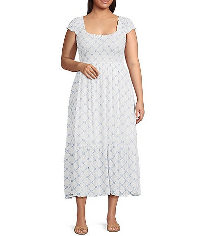 Perch By Blu Pepper Plus Smocked Ruched Sleeve Midi Dress