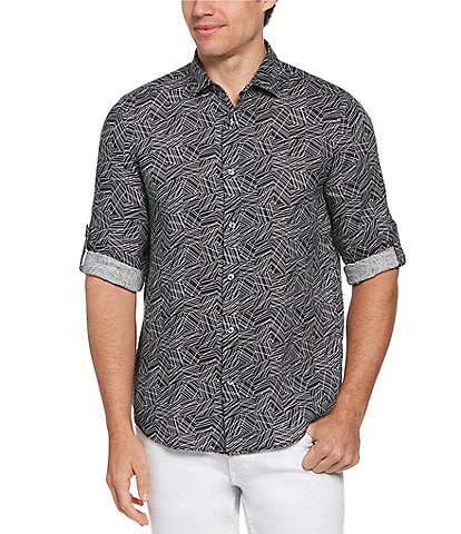 Perry Ellis Diagonal Lines Roll-Sleeve Woven Shirt