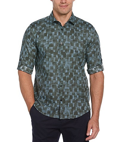 Perry Ellis Geo Line Print Roll-Sleeve Woven Shirt