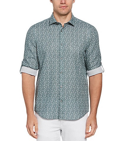 Perry Ellis Geo Print Roll-Sleeve Woven Shirt