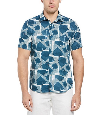 Perry Ellis Geometric Print Linen Blend Short Sleeve Woven Shirt