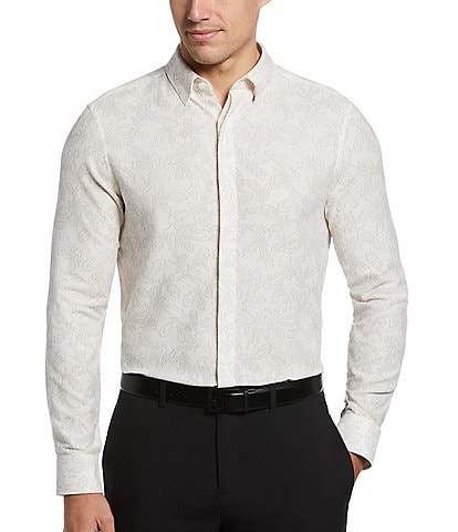 Perry Ellis Jacquard Floral Long Sleeve Woven Shirt