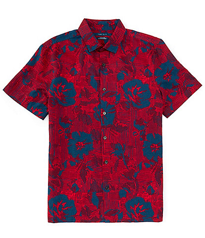 Perry Ellis Linen Blend Floral Print Short Sleeve Woven Shirt