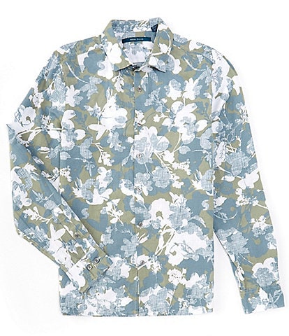 Perry Ellis Linen Floral Print Long Sleeve Woven Shirt
