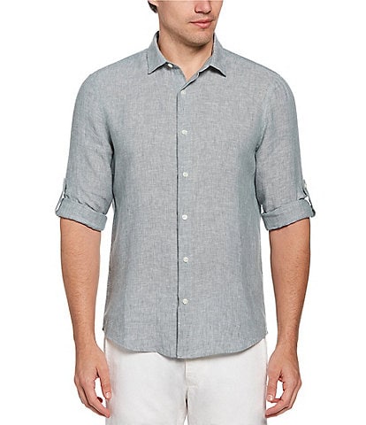 Perry Ellis Linen Long Roll-Sleeve Woven Shirt