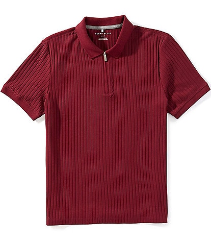 Perry Ellis Ribbed Quarter-Zip Short Sleeve Polo Shirt