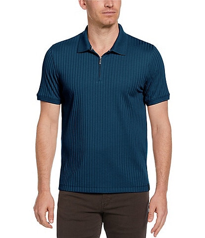 Perry Ellis Ribbed Quarter-Zip Short Sleeve Polo Shirt