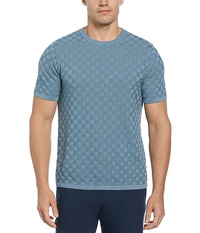 Perry Ellis Short Sleeve Textured Square Pattern Sweater
