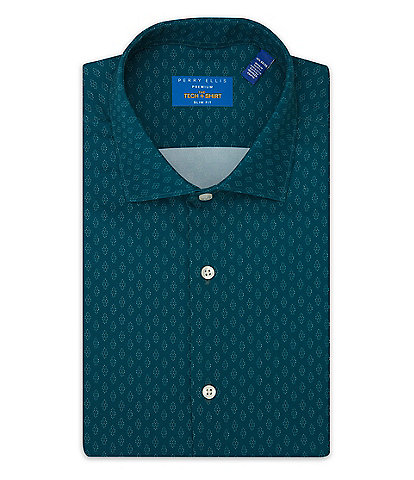 Perry Ellis Slim Fit Premium Tech Spread Collar Printed Dress Shirt