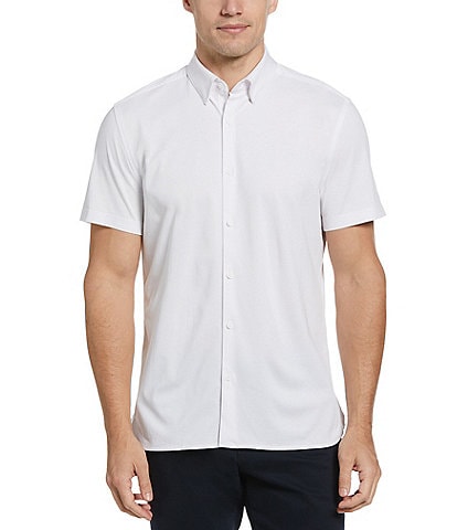 Perry Ellis Slim Fit Solid Cotton Interlock Short Sleeve Woven Shirt
