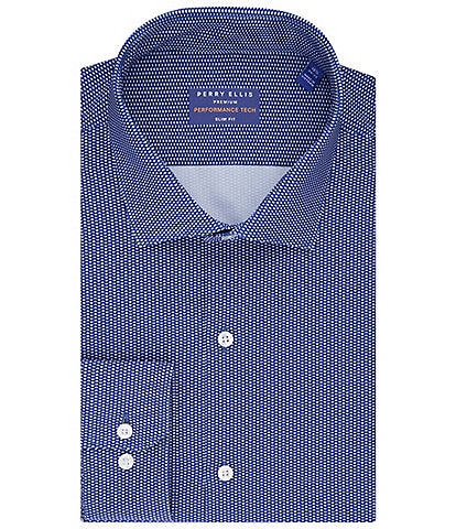 Perry Ellis Slim Fit Spread Collar Premium Performance Tech Geo Printed Dress Shirt