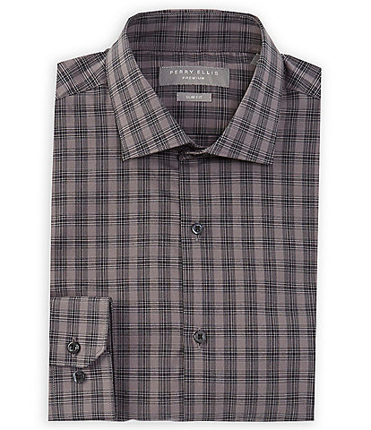 Perry Ellis Slim Fit Stretch Non-Iron Spread Collar Tonal Check Dress Shirt