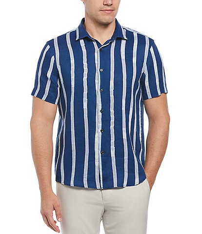 Perry Ellis Stretch Paint Stripe Line Short Sleeve Woven Shirt