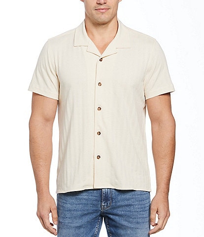 Perry Ellis Textured Stripe Jacquard Short Sleeve Woven Camp Shirt
