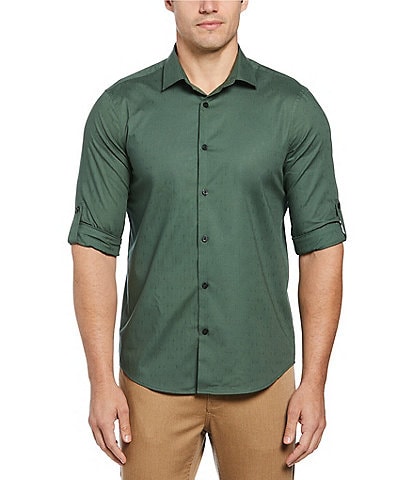 Perry Ellis Untucked Dobby Roll Sleeve Woven Shirt