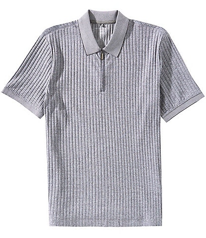 Perry Ellis Vertical Ribbed Quarter-Zip Short Sleeve Polo Shirt