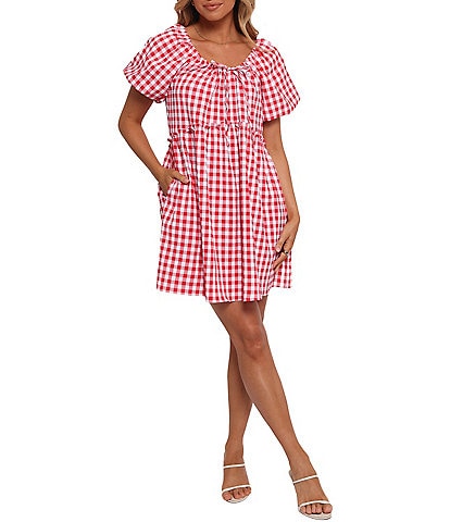 Petal & Pup Dorothea Gingham Round Neck Short Puff Smocked Ruffle Hem Mini Babydoll Dress