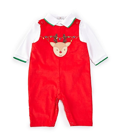 Petit Ami Baby 3-24 Months Red Corduroy & Shirt Reindeer Applique Coverall