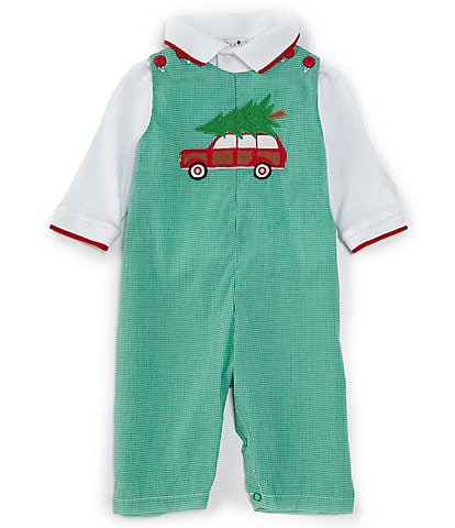 Petit Ami Baby Boys 3-24 Months Long Sleeve Woven Shirt and Sleeveless Checked Christmas Tree Coverall Set