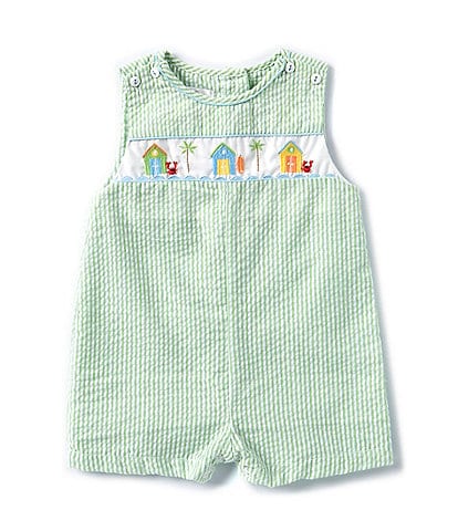 Petit Ami Baby Boys 3-24 Months Sleeveless Striped Beach House Embroidered Smocked Shortall