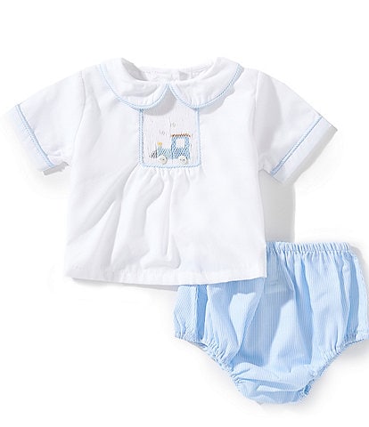 Petit Ami Baby Boys Hand Picture Smocked Train Top & Coordinating Stripe Diaper Cover Set
