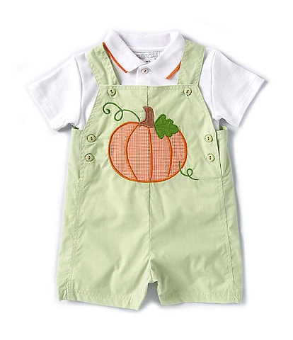 Petit Ami Baby Girls 12-24 Months Sleeveless Pumpkin-Applique Woven Shortall & Short Sleeve Solid Knit Shirt Set