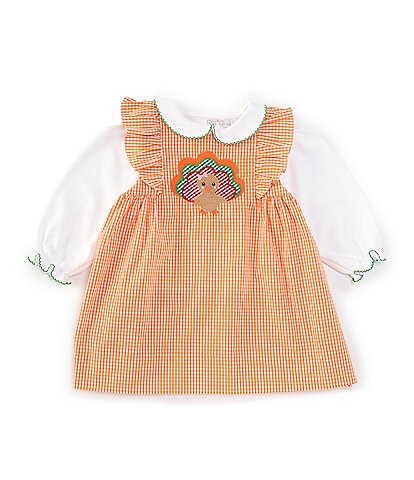 Petit Ami Baby Girls 12-24 Months Sleeveless Thanksgiving Turkey Applique Checked Jumper Dress & Long Sleeve Solid Knit Top Set