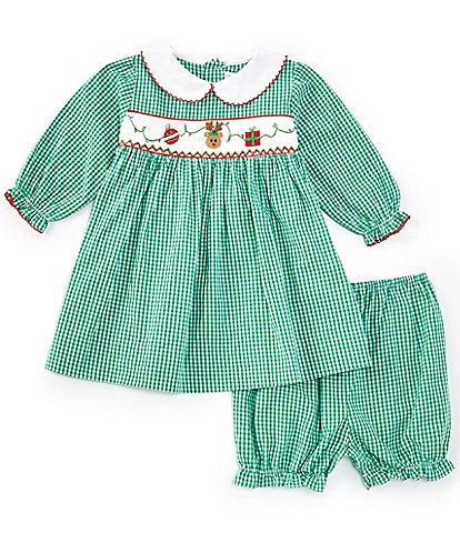 Petit Ami Baby Girls 3-24 Months Checked Smocked Reindeer And Christmas Dress & Matching Bloomer Set