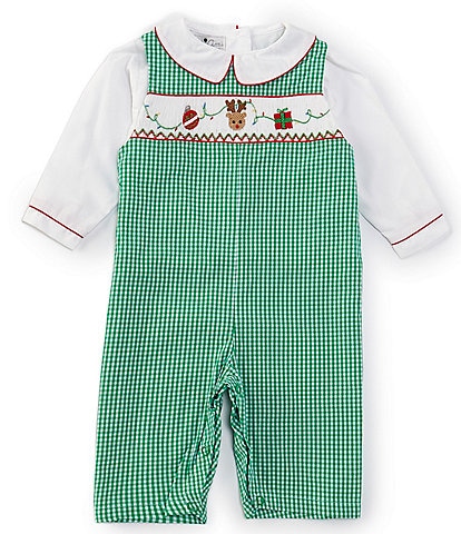 Petit Ami Baby Girls 3-24 Months Green Check Reindeer And Christmas Overall