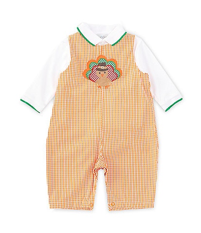 Petit Ami Baby Girls 3-24 Months Sleeveless Thanksgiving Turkey Woven Coverall & Long Sleeve Knit Top Set