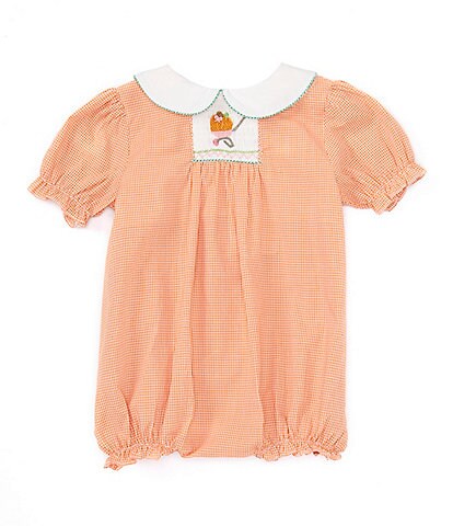 Petit Ami Baby Girls 3-9 Months Short Sleeve Checked Pumpkin Picture Bubble Romper