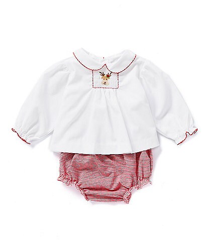 Petit Ami Baby Girls Newborn-6 Months Long Sleeve Christmas Reindeer Shirt & Checked Panty Set