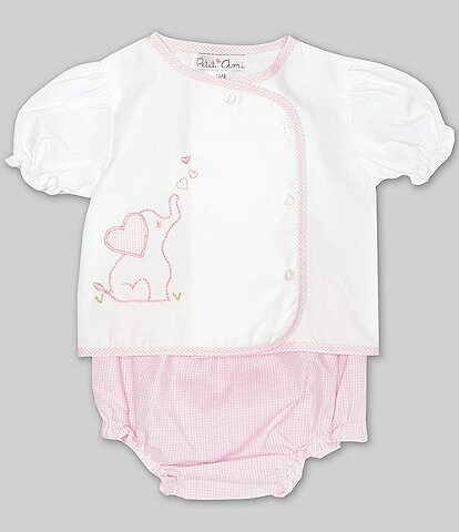 Petit Ami Baby Girls Newborn-6 Months Puff Short-Sleeve Elephant Embroidered Applique Top & Diaper Set