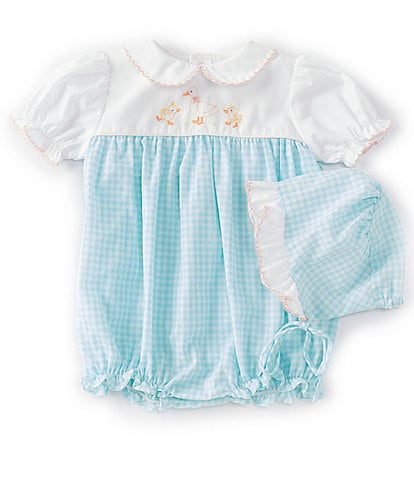 Petit Ami Baby Girls Newborn-6 Months Puffed-Sleeve Duck-Embroidered Gingham Bubble