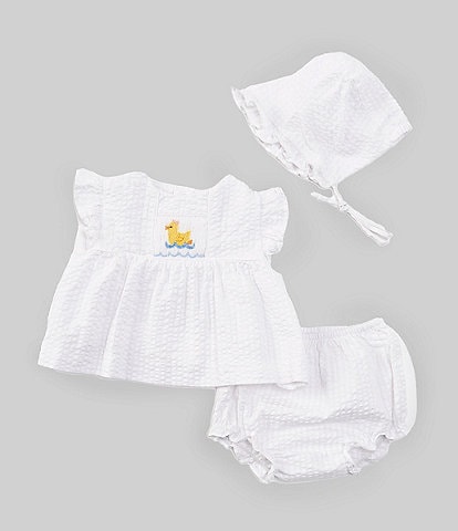Petit Ami Baby Girls Newborn Flutter-Sleeve Checked/Duck-Motif Dress, Bloomer & Hat Set