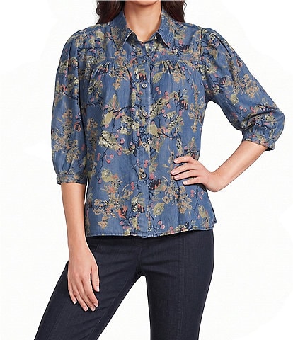 Petite Size Woven Printed Point Collar 3/4 Sleeve Button Front Placket Blouse