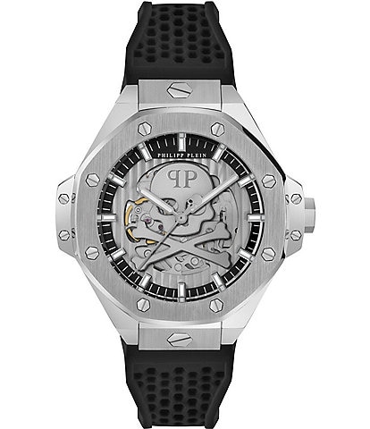 Philipp Plein Men's Plein Skeleton Royal Automatic Black and Silver Silicone Strap Watch