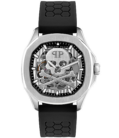 Philipp Plein Men's Skeleton Spectre Automatic Silver Black Silicone Strap Watch