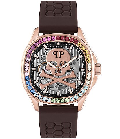 Philipp Plein Men's Skeleton Spectre Automatic Brown Silicone Strap Watch