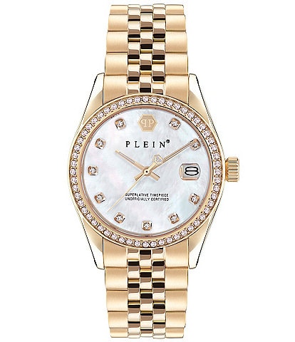 Philipp Plein Women's Date Superlative Crystal Quartz Analog Gold Stainless Steel Bracelet Watch