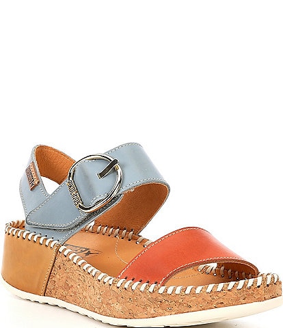 Pikolinos Marina Calfskin Leather Colorblock Ankle Strap Wedge Sandals