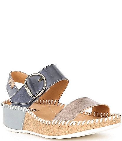 Pikolinos Marina W1a Leather Colorblock Cork Wedge Sandals