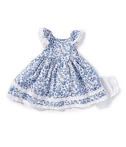 Pippa & Julie Baby Girls 12-24 Months Flutter-Sleeve Joyce Floral-Printed Crocheted-Trimmed Fit-And-Flare Dress