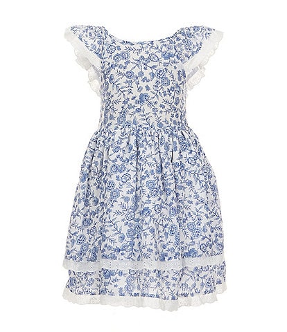 Pippa & Julie Little Girls Flutter-Sleeve Joyce Floral-Printed Crocheted-Trimmed Fit-And-Flare Dress