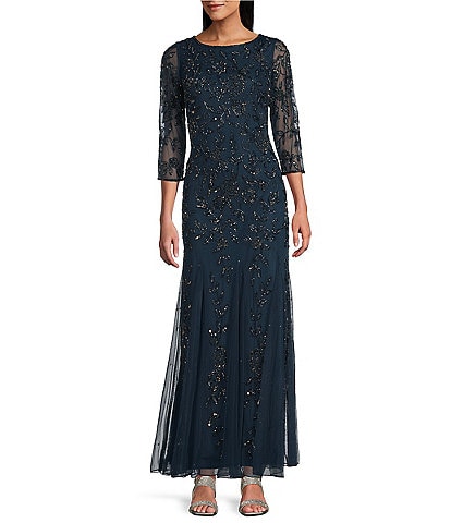 Pisarro Nights 3/4 Sleeve Crew Neck Long Beaded Godet Gown