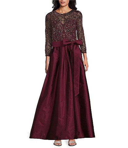 Pisarro Nights Beaded Bodice Illusion Crew Neck 3/4 Sleeve Tie Waist A-Line Gown