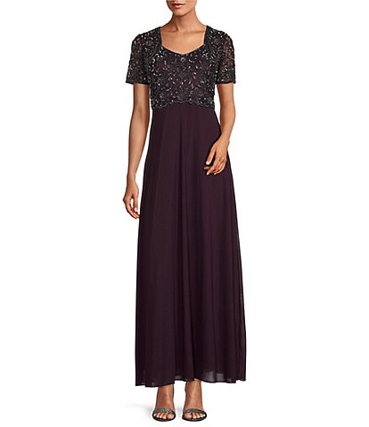 Pisarro Nights Beaded Bodice Square Neck Short Sleeve A-Line Gown