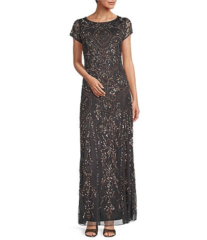 Pisarro Nights Beaded Mesh Boat Short Illusion Sleeve Sheath Dress